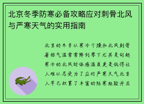 北京冬季防寒必备攻略应对刺骨北风与严寒天气的实用指南